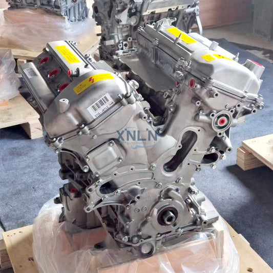 1GR 4.0L long block engine three-quarter view, warning label