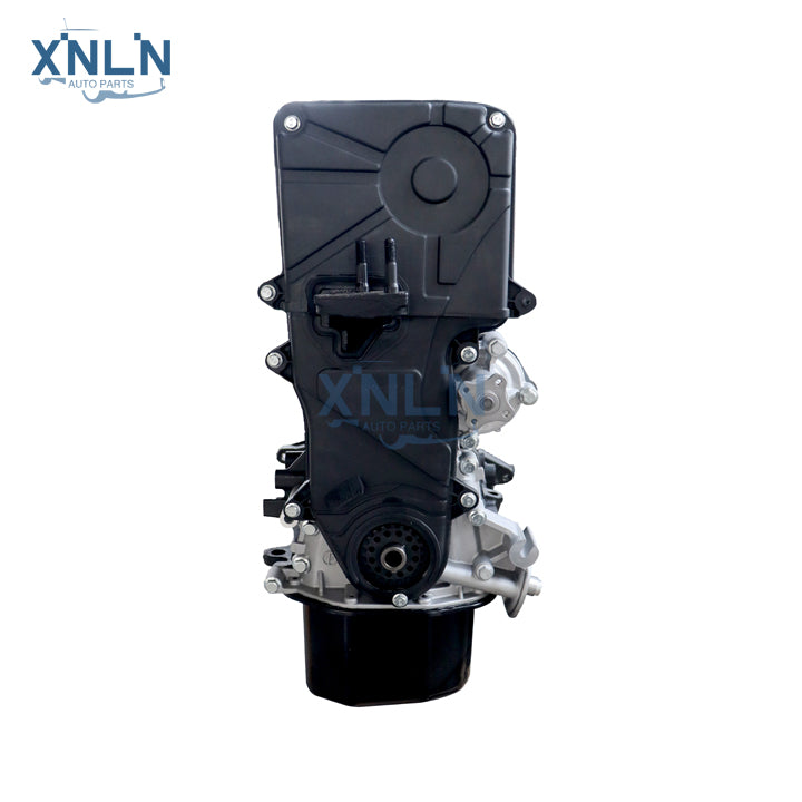 G4EE 1.4L long block engine front view, timing cover