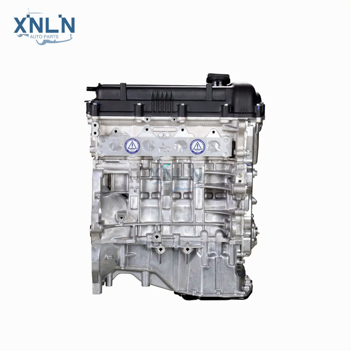 G4FA 1.4L long block engine three-quarter view, blue labels