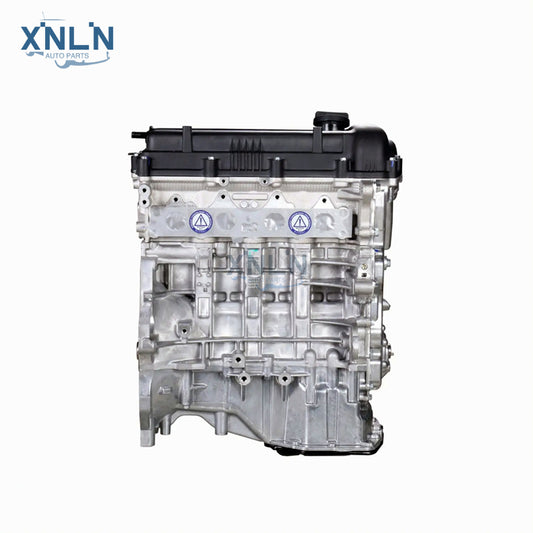G4FA 1.4L long block engine three-quarter view, blue labels