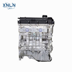G4FA 1.4L long block engine three-quarter view, blue labels