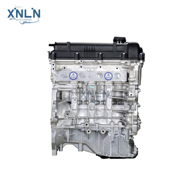 G4FC 1.6L long block engine three-quarter view, blue labels
