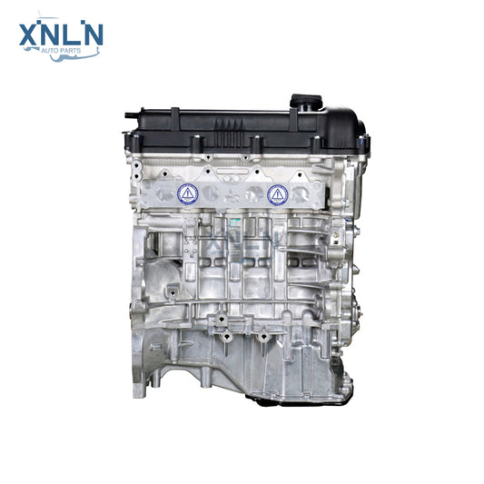 G4FC 1.6L long block engine three-quarter view, blue labels