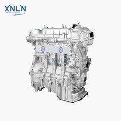 G4FD long block engine three-quarter view, blue labels