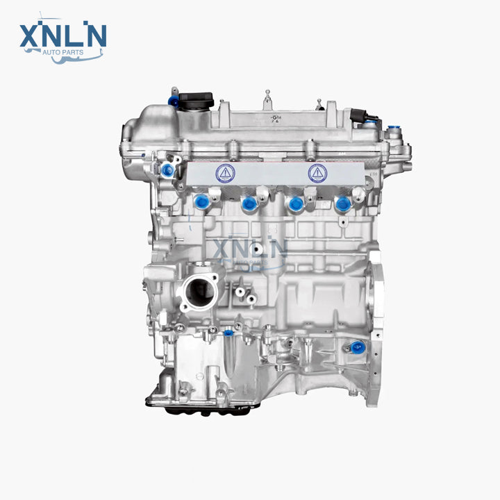 G4FD long block engine three-quarter view, blue caps