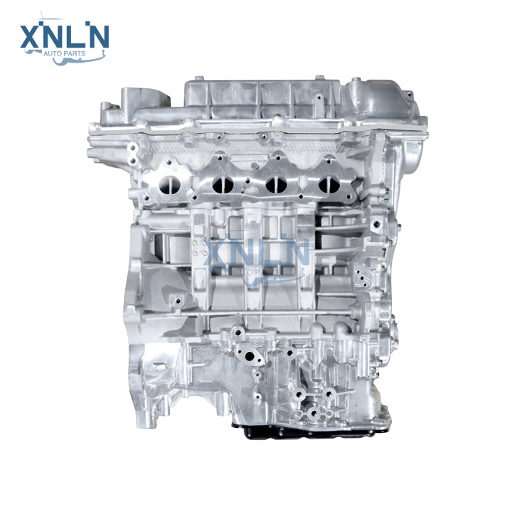 G4FJ long block engine three-quarter view, warning label
